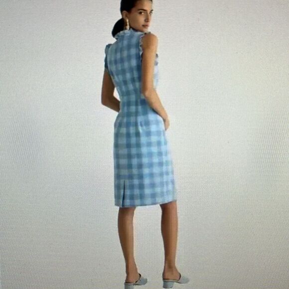 New! J. Crew Ruffle-trim sheath dress in gingham stretch crepe Blue Size 4 NWT - Picture 3 of 16